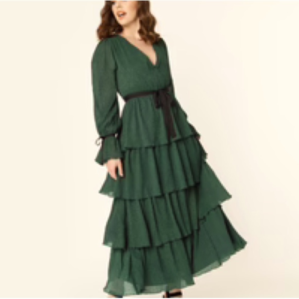 Just Me Emerald Green and Polka Dot tiered Maxi Dress NWOT